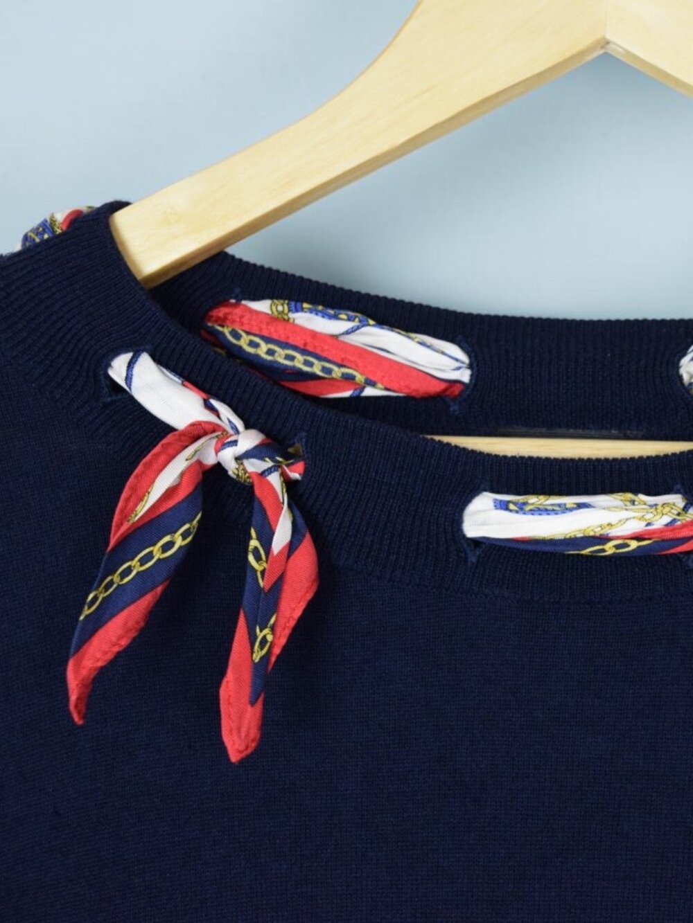 TALBOTS SILK SCARF NAVY BLUE CREW NECK SWEATER - Picture 5 of 10